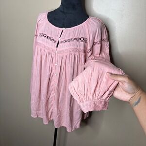 Old Navy Women Sz L Pink Embroidered Eyelet Lace Long Sleeve Blouse Top Cottage